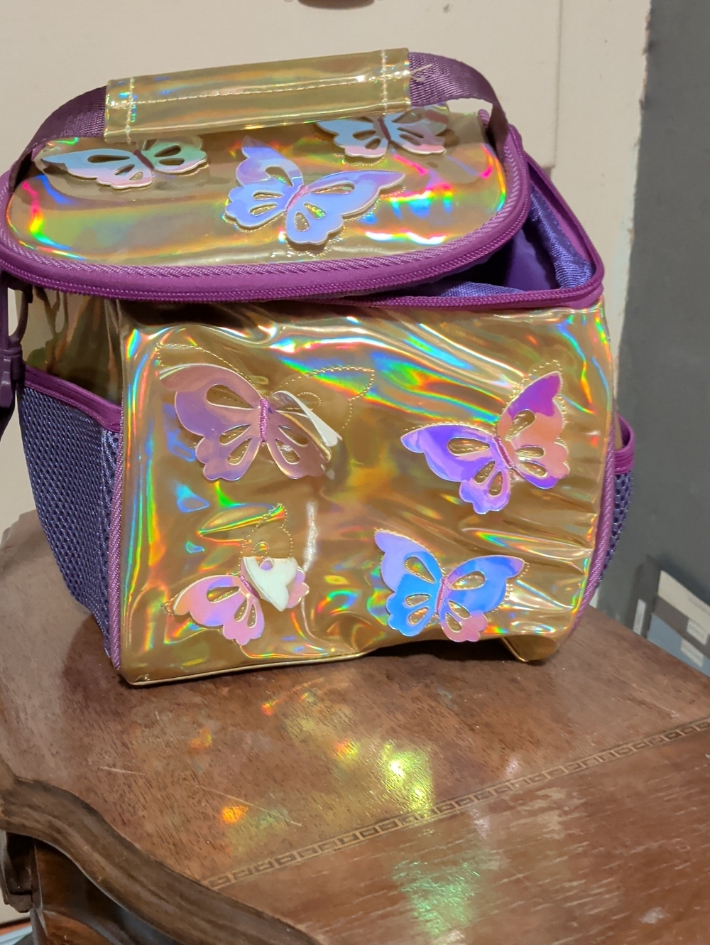 Holographic Butterfly Lunch Bag with Purple Trim